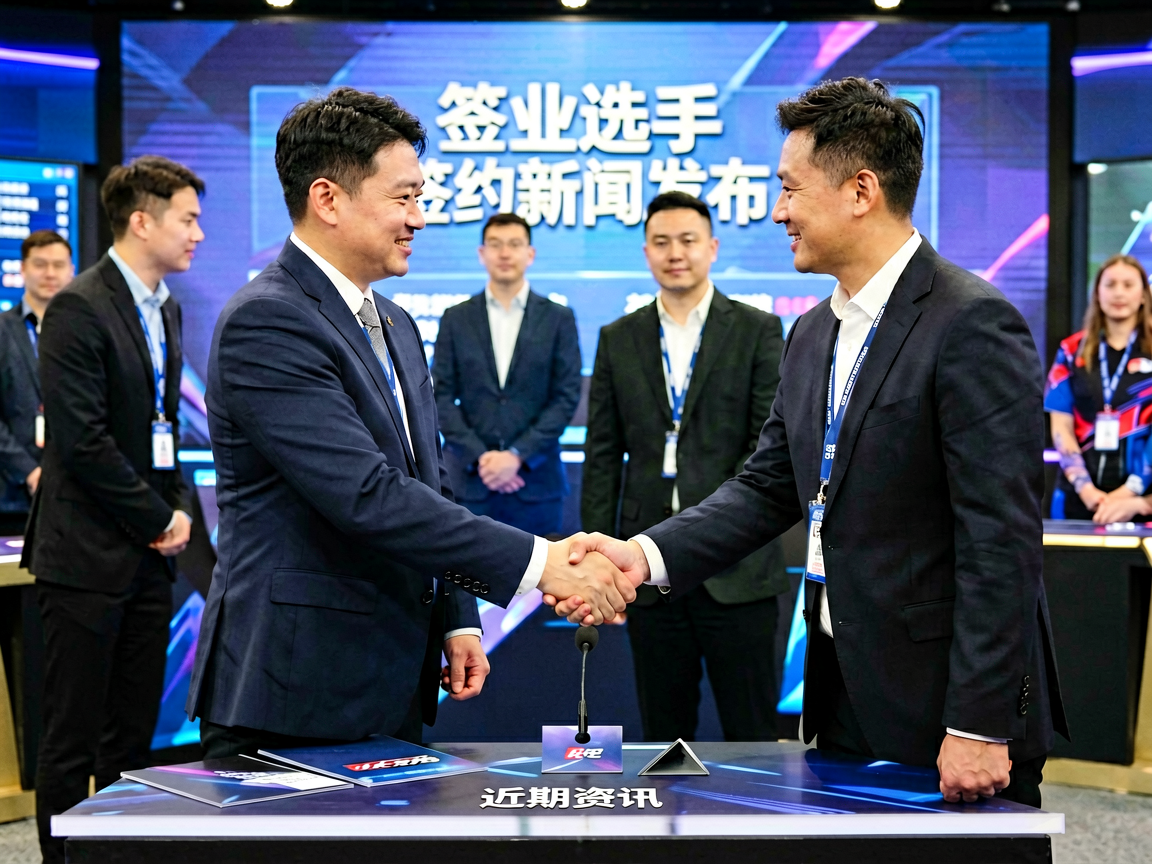 职业选手签约新闻发布，选手与俱乐部代表握手合影